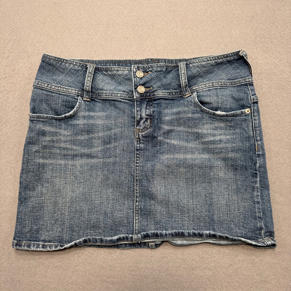 SB Denim Mini Skirt Women's 13/14 Blue Light Wash Denim Cut Off Whiskered Grunge